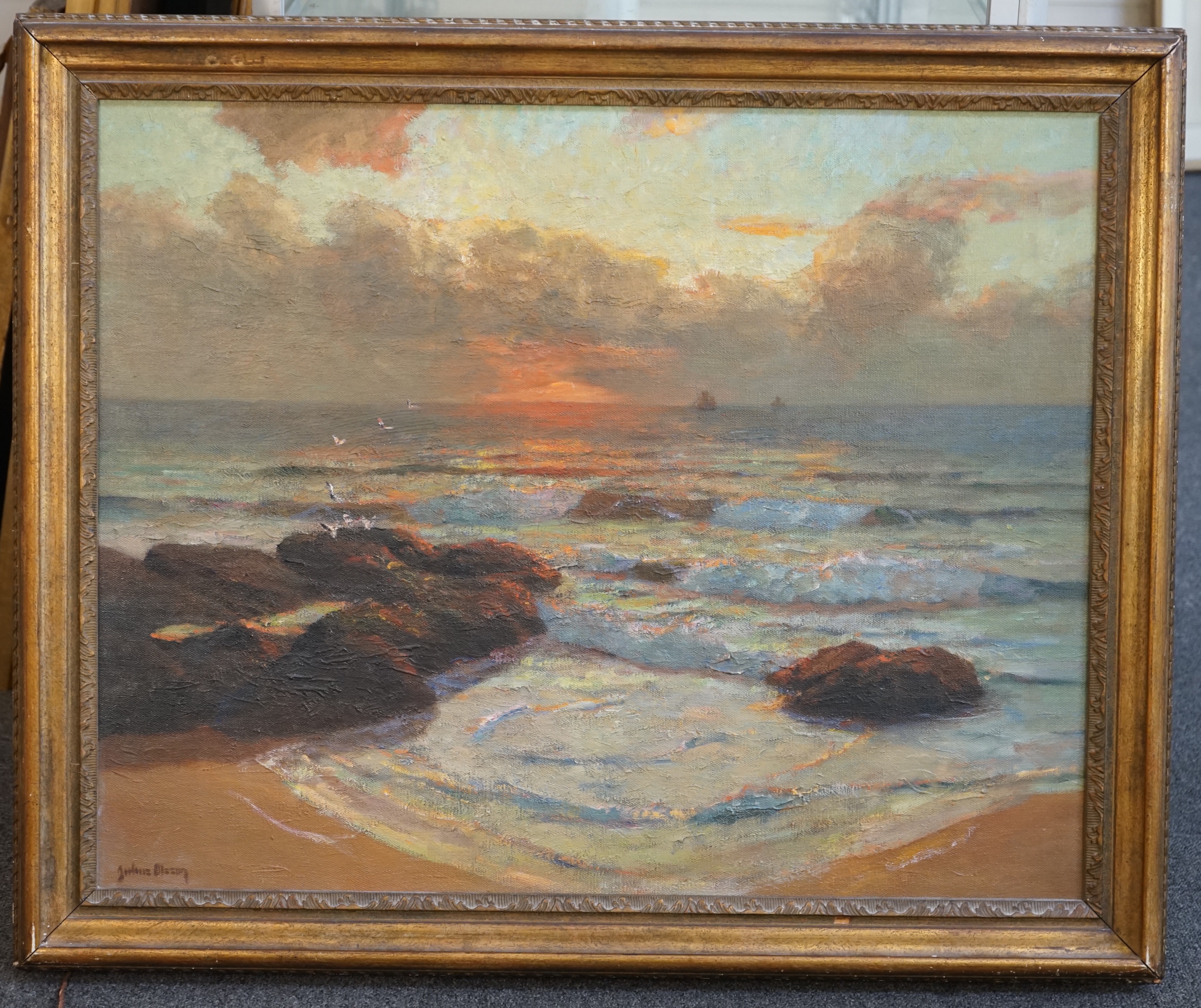 Julius Olsson RA, RBA, PROI, RWA, NEAC (British 1864-1942), 'Sunset off the Cornish coast', oil on canvas, 60 x 74cm